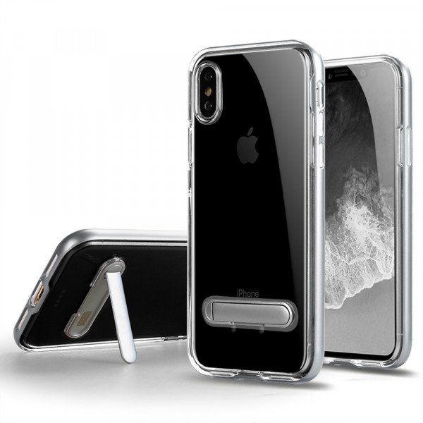 Wholesale iPhone Xs / X (Ten) Clear Armor Bumper Kickstand Case (Silver)
